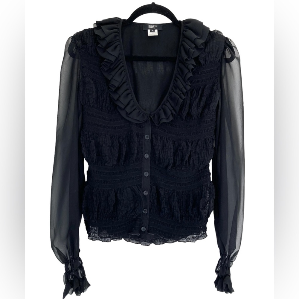Philippe Adec Paris Ruffle Shirred Romantic Poetic Sheer Blouse Button Sexy Sz 6